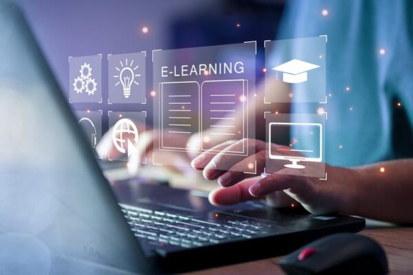 Concept of Online education. man use Online education training and e-learning webinar on internet for personal development and professional qualifications. Digital courses to develop new skills.